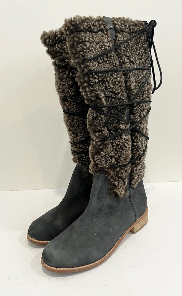 Anthropologie Matt Bernson Women Gray Leather Alpenglow Shearling Shaft Boots 7 - Image 2 of 4