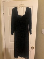 Ember Black Empire Waist Midi Dress Size L Sheer Floral Burnout Long Sleeve