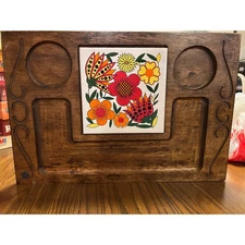 Vintage Wood Charcuterie Board w/ Floral Tile Retro Decor