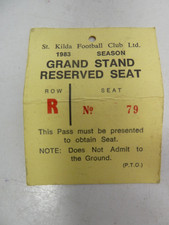 VFL AFL FOOTBALL ST.KILDA 1983 SEASON TICKET PASS GRAND STAND RESERVE SEAT
