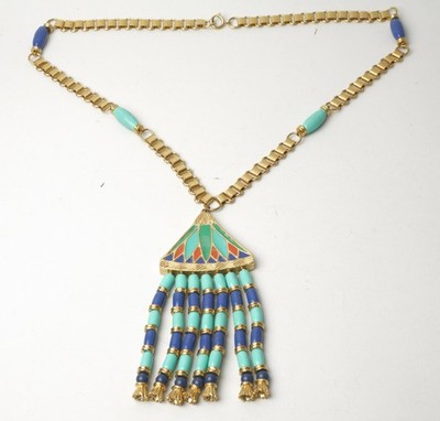 Hattie Carnegie Egyptian Revival VTG Faience Style Bead Fringe Tassel Necklace