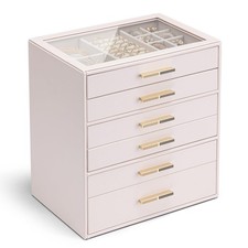 6-Drawer Jewelry Box with Glass Lid, Faux Leather Organizer for Rings, Earrin...