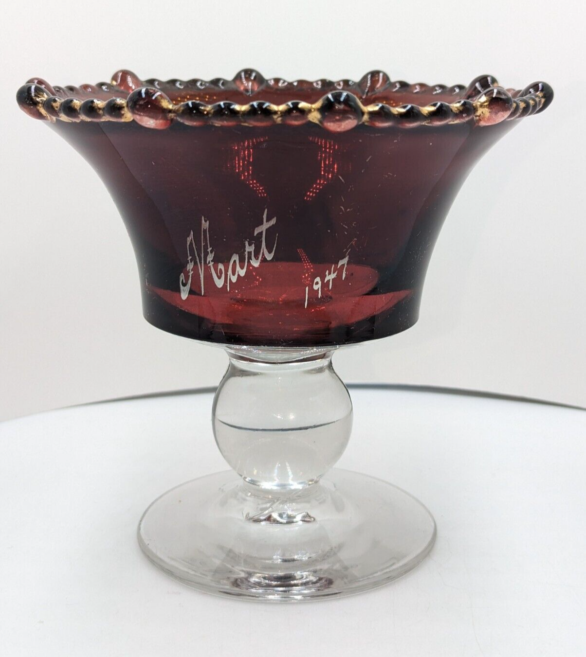 Vintage Ruby Red Flash Pedestal Bowl with Gold Trim and Ruffled Top Mart 1947