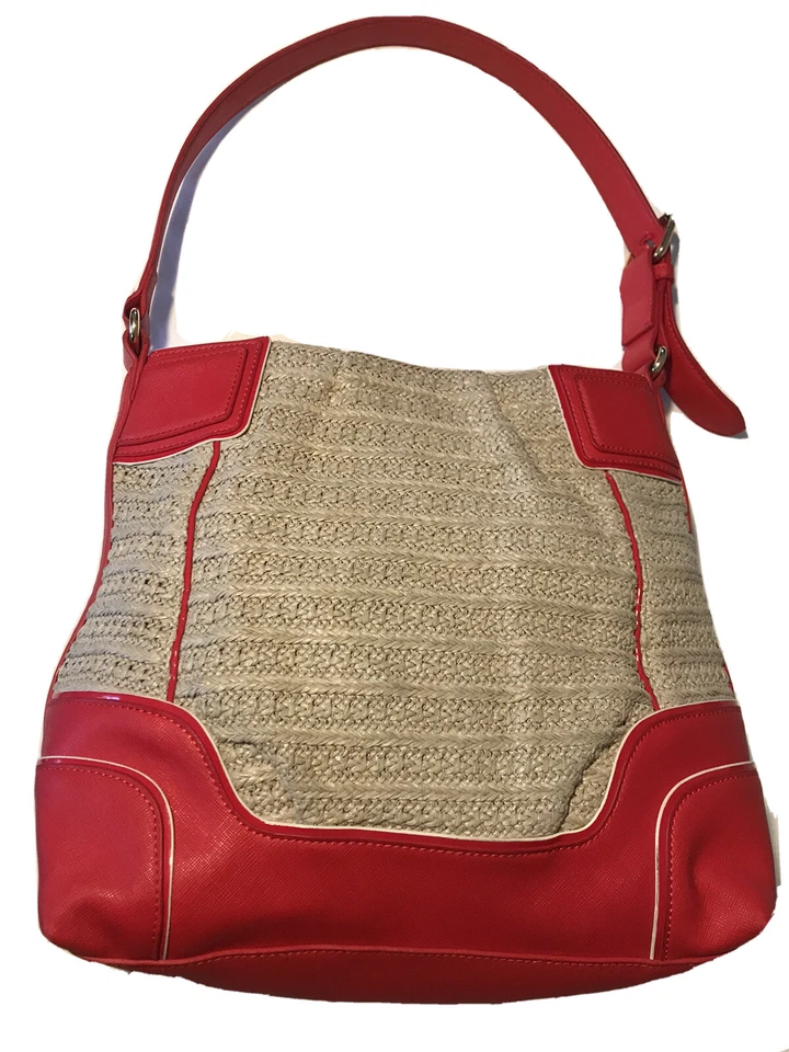Bolso Hobo Vera Wang Mediano Beige y Rojo Brillante Paja e Imitación Cuero Usado Foto 2 de 4
