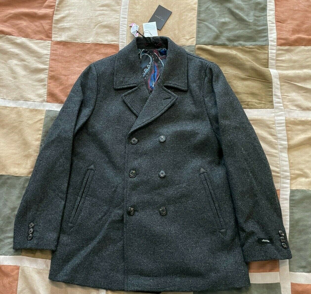 $575 Ted Baker dk grey westun wool double breasted pea coat jacket XXL 6 men NEW