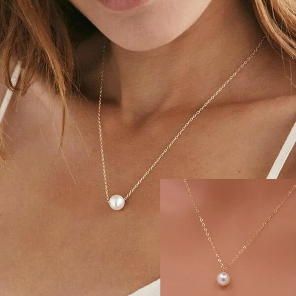 Dainty One Pearl Choker Necklace Silver Gold Chain Minimal Simple 1 Single  Slide