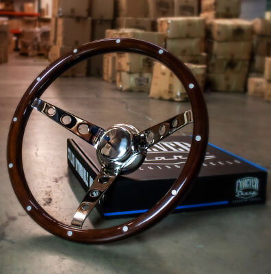 15'' Vintage Real Wood Deep Dish Steering Wheel Aluminum Rivets + Horn