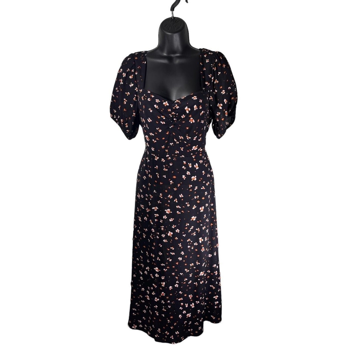 SANCTUARY Midi Dress Sz 4 Black Orange Floral Print Squared VNeck Puff  Sleeves