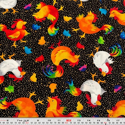 Rainbow Chickens Julia Pinkham Timeless Treasures Black Cotton by the HALF YARD
