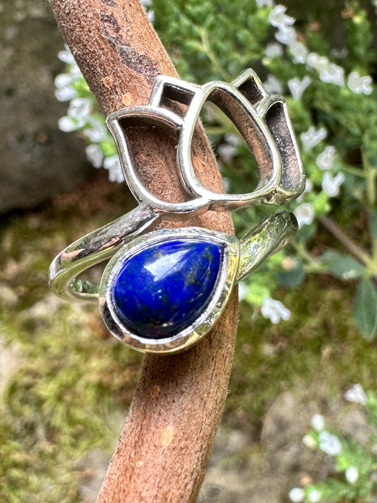 Bague Lotus Argent 925 Lapis Lazuli, Anneau Ajustable Pierre Bleue Naturelle
