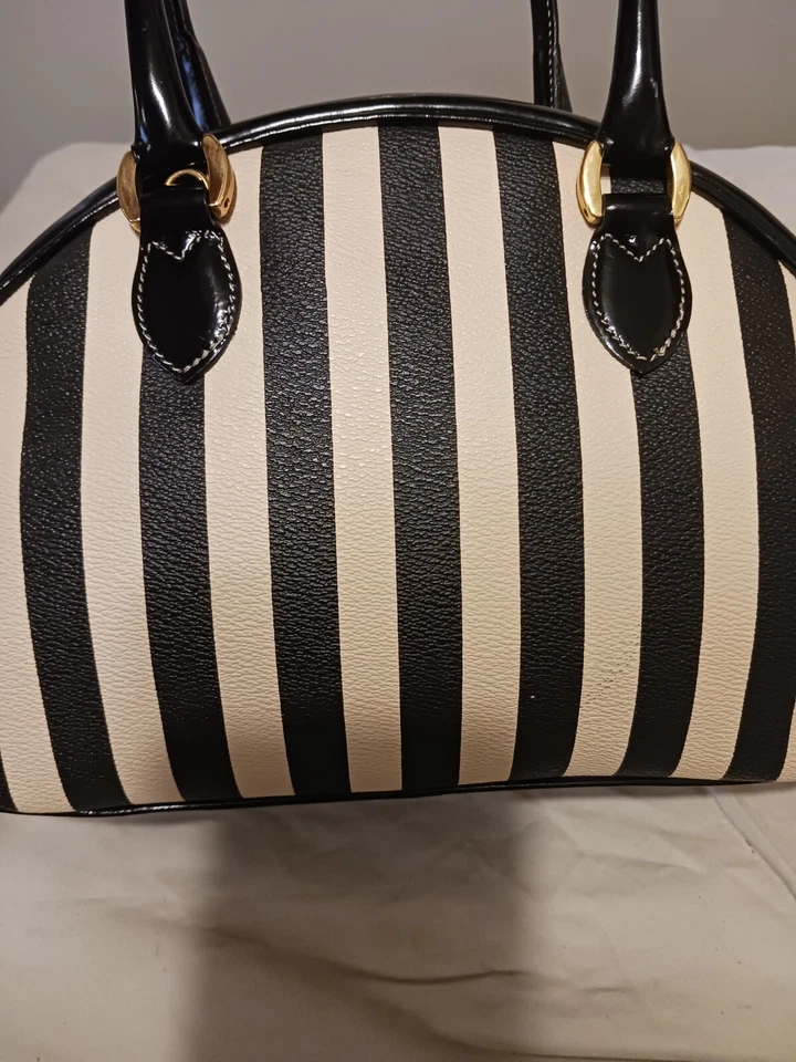 Vtg 90s RARE Moschino By Redwall Striped Bowling Bag Satchel Black Cream White - Image 4 of 4