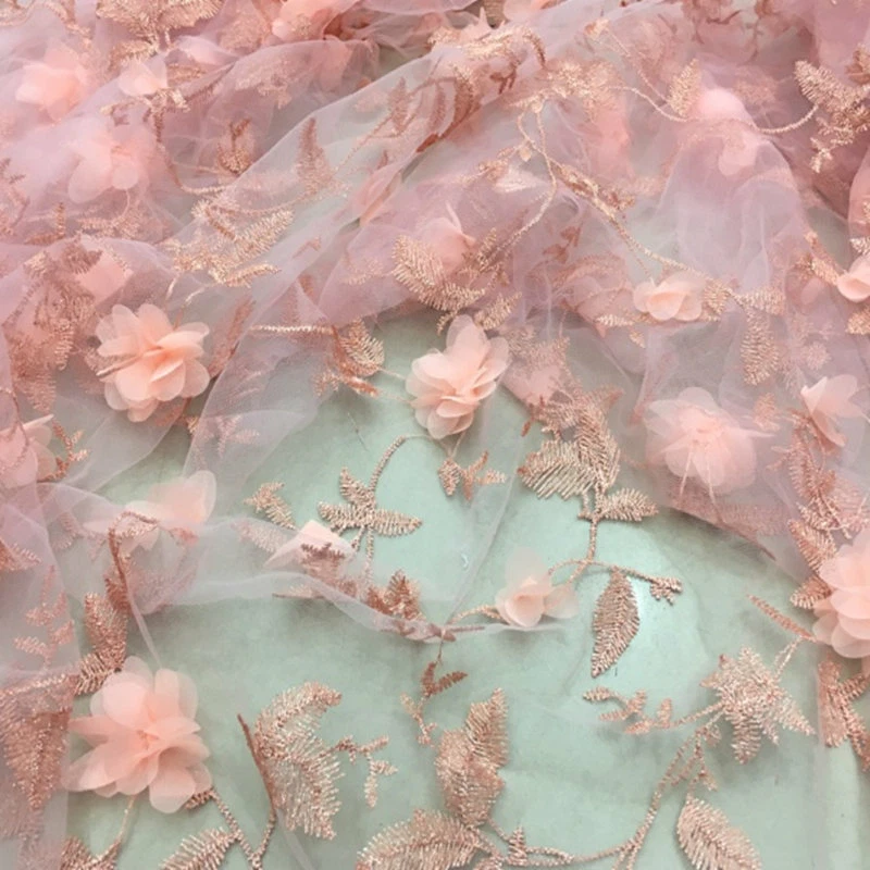 Chiffon Mesh Fabric Lace Voile Tulle Cloth 3D Flower Sewing for Wedding Dress