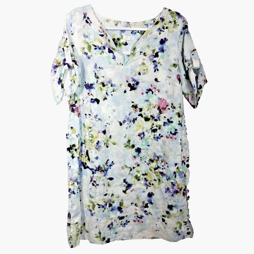 J Jill Love Linen Watercolor Floral Roll Tab Sleeve Mini Dress Large White Blue