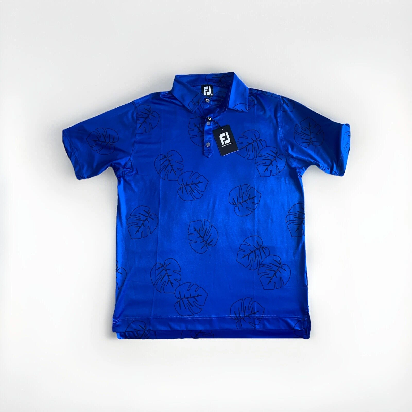 Foot Joy Jungle Leaf Print Golf Polo Ocean/Blk Medium Blue Seven Sprigs NWT