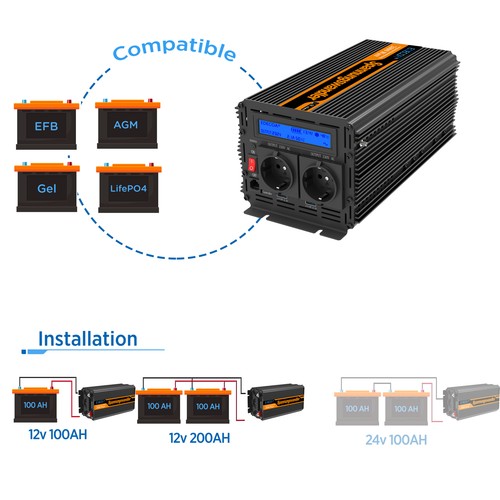 EDECOA 2000W 4000W Power Inverter 12V 220V 230V Convertitore USB LCD - Afbeelding 7 van 9