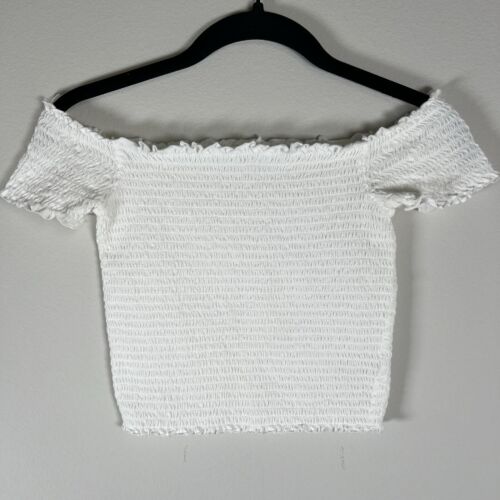 Garage Womens Smocked Crop Top White Off Shoulder Stretch Ruffle Cotton Sz Large