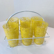 Vtg MCM Yellow Spaghetti String Rubber Coated Drink Glasses SET OF 6 - W/Carrier
