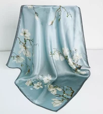 100% Silk 20" small square Scarf Women neckerchief Wrap floral green blue MY198