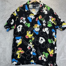 Disney Shirt Mens L Black Mickey Mouse Pluto Hawaiian Button Camp Stretch