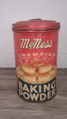 vintage advertising McNess tin container Baking powder 1920's, 30's era.1lb.
