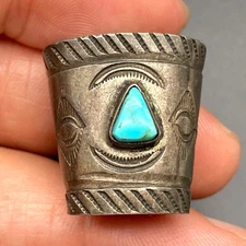 Vintage Navajo Turquoise Native Hand Stampwork Silver Scarf Ring