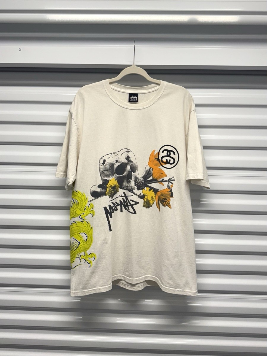 Stussy World Tribe Pigment Skull Dragon Graphic T Shirt Cream Size
