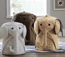 Beige Wicker Elephant Lidded Storage Basket, Freestanding Basket Bin