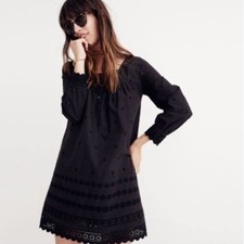 Madewell Eyelet Mini Dress Women M Black Square Neck Long Sleeve Cotton Cottage