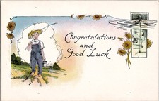 VTG Postcard Congratulations and Good Luck Farmer Boy Working UNP Made in USA
