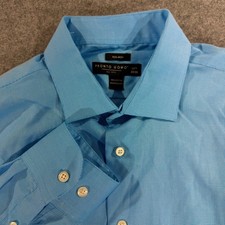 Pronto Uomo Mens Non-Iron Dress Shirt Blue Micro Check 17.5 34/35 Cotton L/S