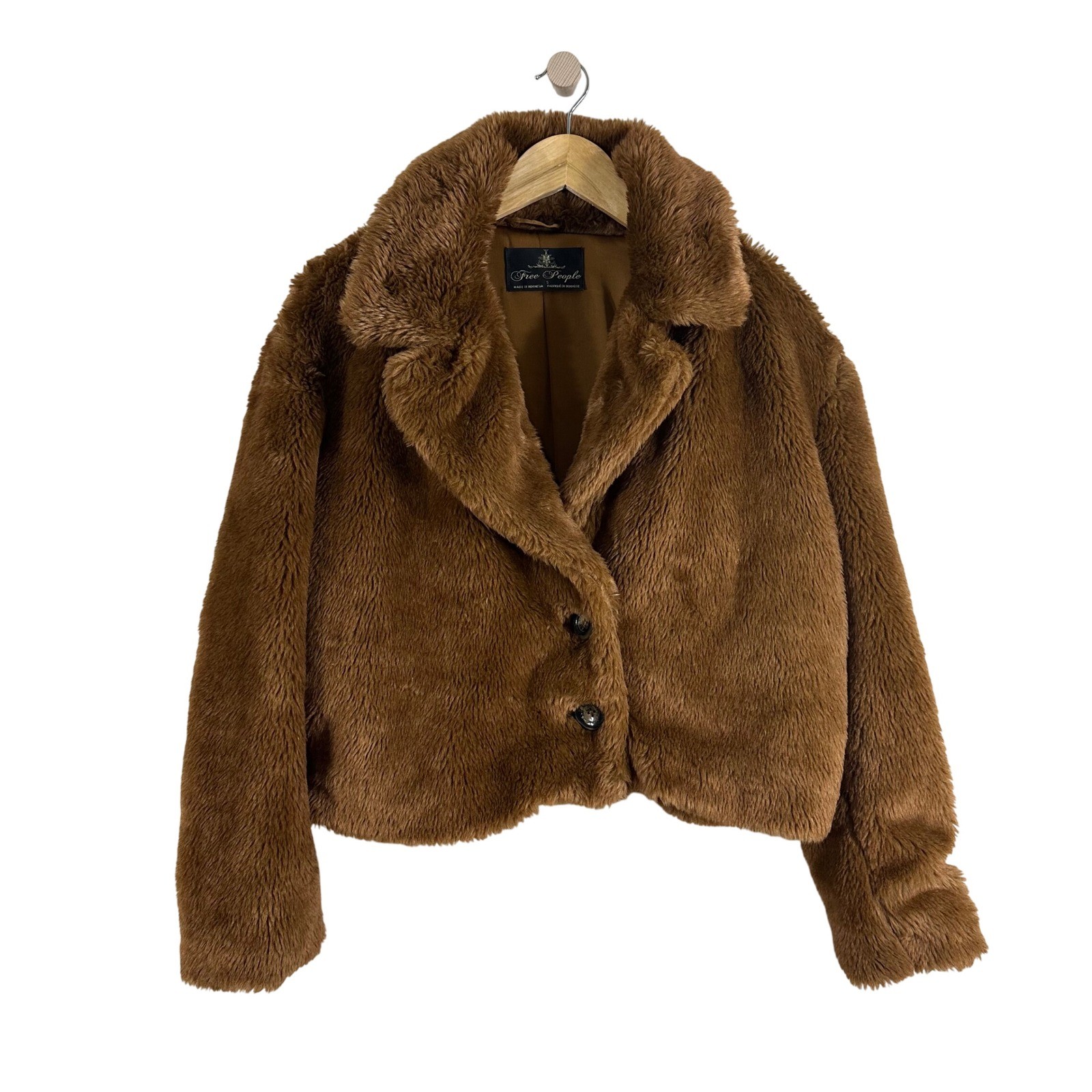 Free People Women's Coat Brown Faux Fur Cropped Double Button Jacket Size S