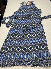 Tory Burch 100% Silk Sleeveless Dress Blue Green Size 8 Tie Belt Ruffle Hem