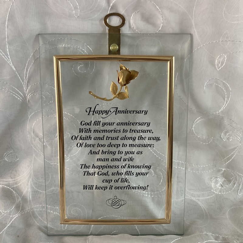 Happy Anniversary Clear Glass with Gold Rose and Gold Trim Accent Plaque