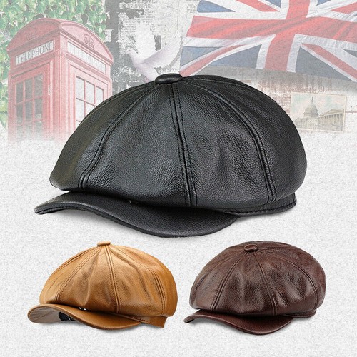Men's Vintage Beret Hats Cowhide Leather Painter Newsboy Octagonal Caps New
