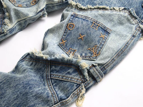 Men's Blue Denim Jeans Straight Leg Pockets Punk Hip Hop Pants Trousers Casual - Picture 4 of 6