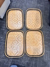 SET OF 4 Rattan Bamboo Tray Wicker Tiki Lap TV Serving Platter 19x13 Vintage