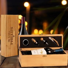 Personalised Wooden Wine Bottle Box, Engraved Champagne Wedding Gift With Tools