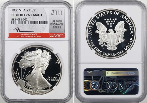 1986-S Proof Silver Eagle NGC PF70 MERCANTI SIGNED Engraver Series Label POP 90!