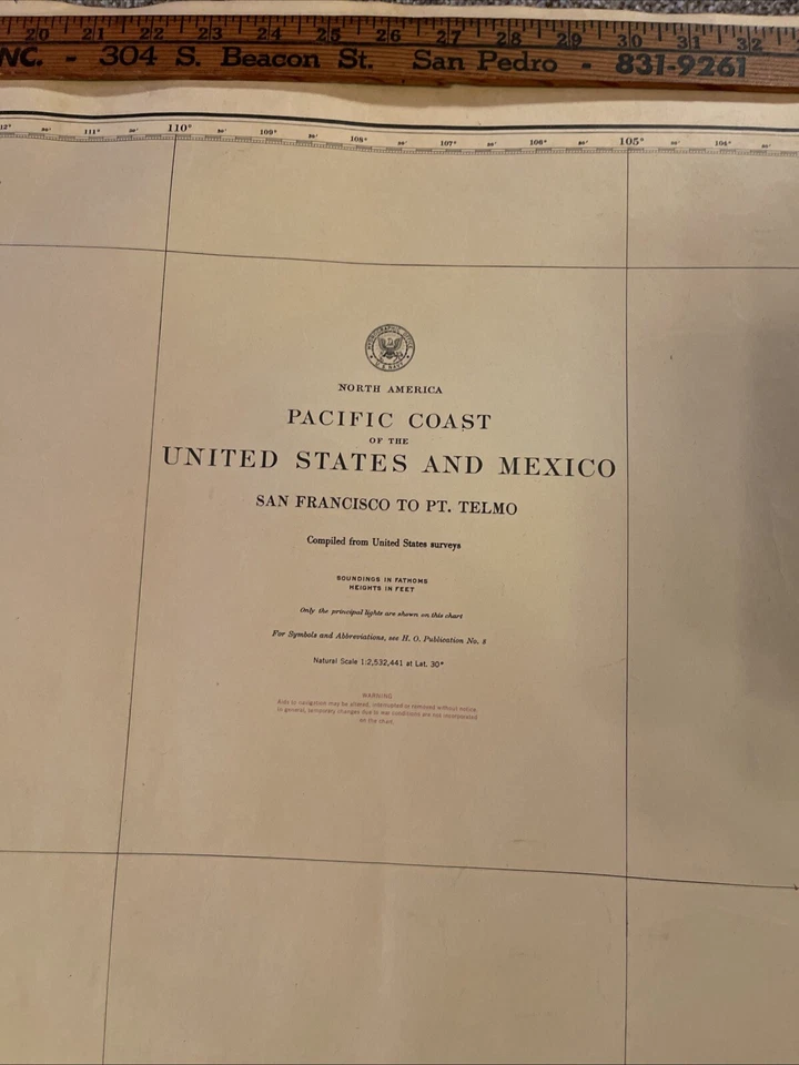 Cool Antique Nautical Chart – Pacific Coast USA & Baja Mexico Made In USA 1945!￼ - Image 2 of 4
