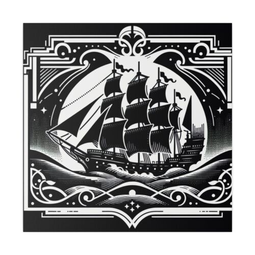 Matte Canvas Wall Art , Art Deco Black White Pirate Ship Nautical Beach Home Sea - Picture 2 of 13