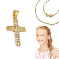 Kinder Kommunion Premium Zirkonia Kreuz AnhäNger Mit Kette Silber 925 Vergoldet