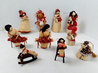 Vintage Lot of 10 Corn Husk Christmas Ornaments RARE  Figures Taiwan  623