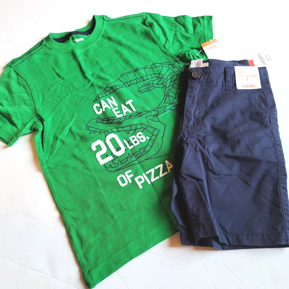 Gymboree Boys 7 "Outdoor Explorer" Pizza Aligator Tee Navy Twill Shorts Set NWT - Image 2 of 3