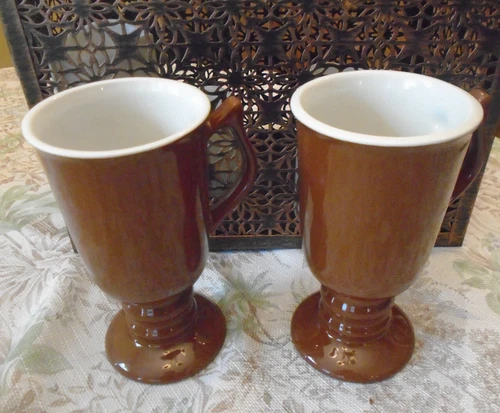 HALL Irish Coffee 10oz Mugs Dark Brown Footed (Qty 2) Made In USA 1273 VINTAGE
