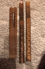 Vintage Set Of Hand Carved Double Barrel Wood Music Flute & 2 Single Flutes