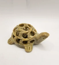 Hand Carved Open Work Stone  Baby Turtle inside 2.75"
