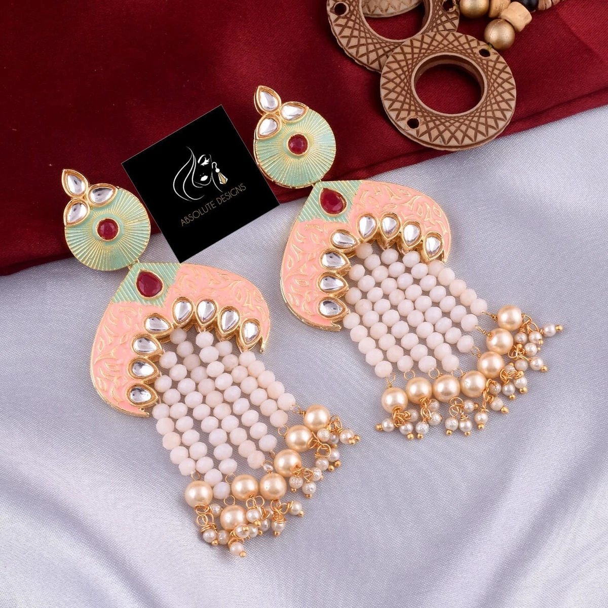 Kundan Meenakari Earrings In Mint Green Peach Colour With Pearls