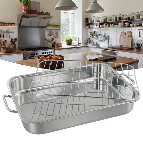 Stainless Steel Deep Roasting Tray Oven Pan Grill Rack Baking Roaster Tin Tray - Picture 14 of 72