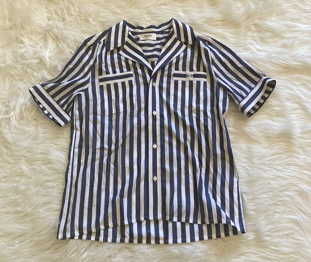 トップス CELINE stripe shirt 36 Celine New Button Up Blouse Shirt Striped Blue White Size 36