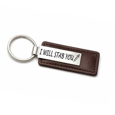 Mocha Brown Leather Keychain with I WILL STAB YOU Engraved Metal Plate for Her
